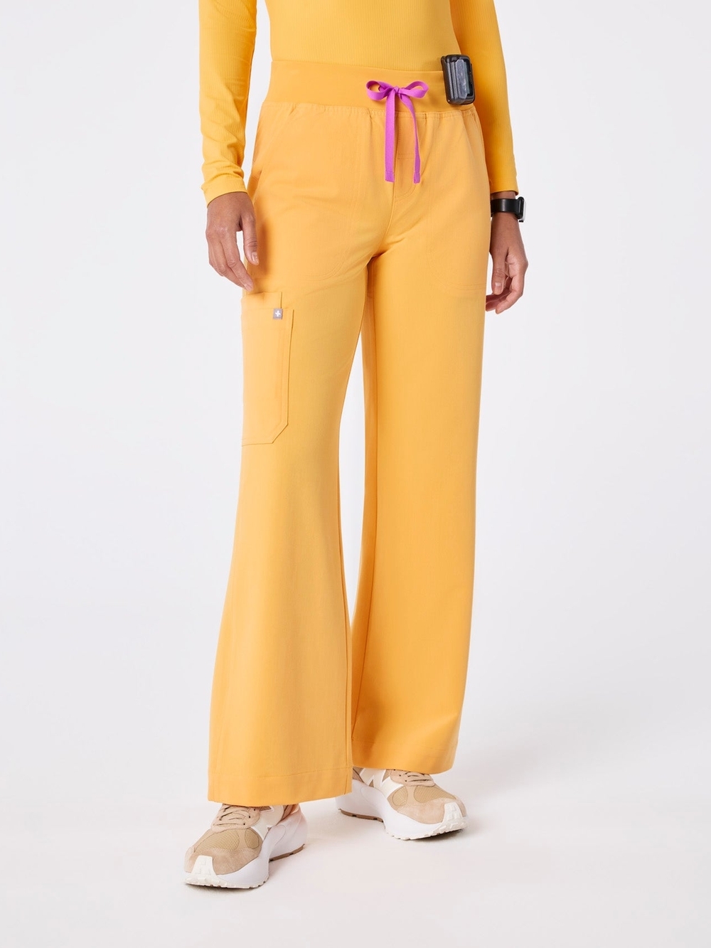 Figs Women's Wide-Leg Scrub Pants in Yellow with Pink Drawstring